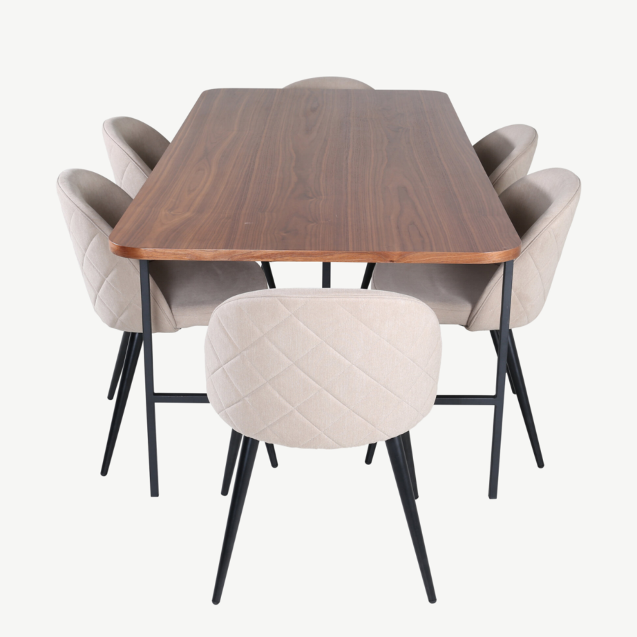 Pähklispooniga söögilaud Uno ja 6 beeži kangaga tooli (metalljalad), GR22403 – 3