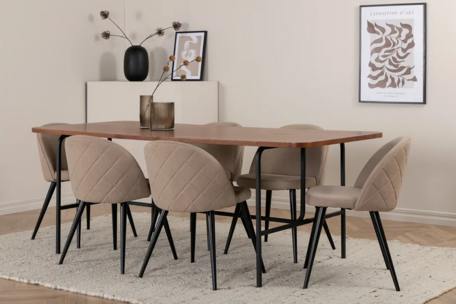 Pähklispooniga söögilaud Uno ja 6 beeži kangaga tooli (metalljalad), GR22403 – 6