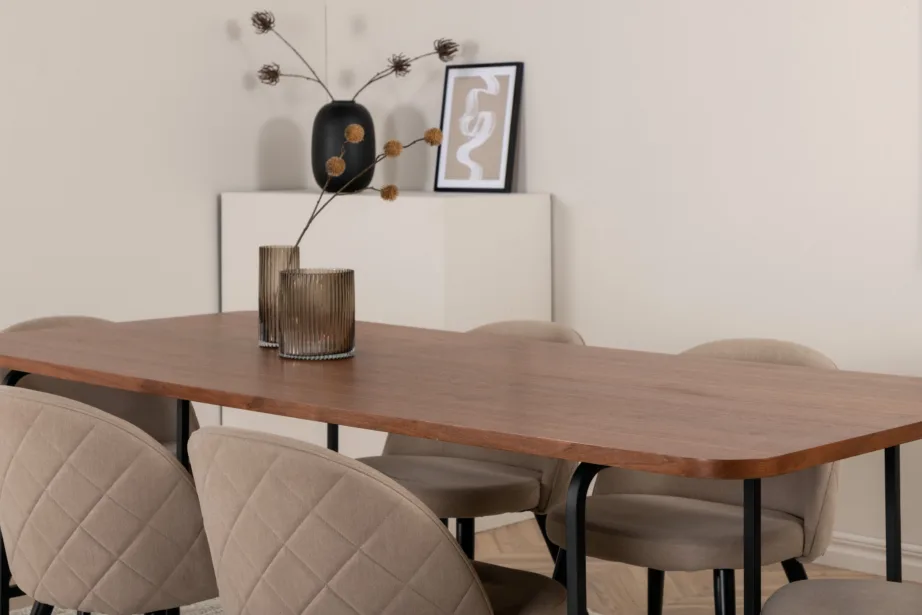 Pähklispooniga söögilaud Uno ja 6 beeži kangaga tooli (metalljalad), GR22403 – 9