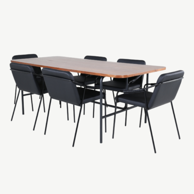 Pähklispooniga söögilaud Uno ja mustad kunstnahast toolid (6 tk) - GR22390