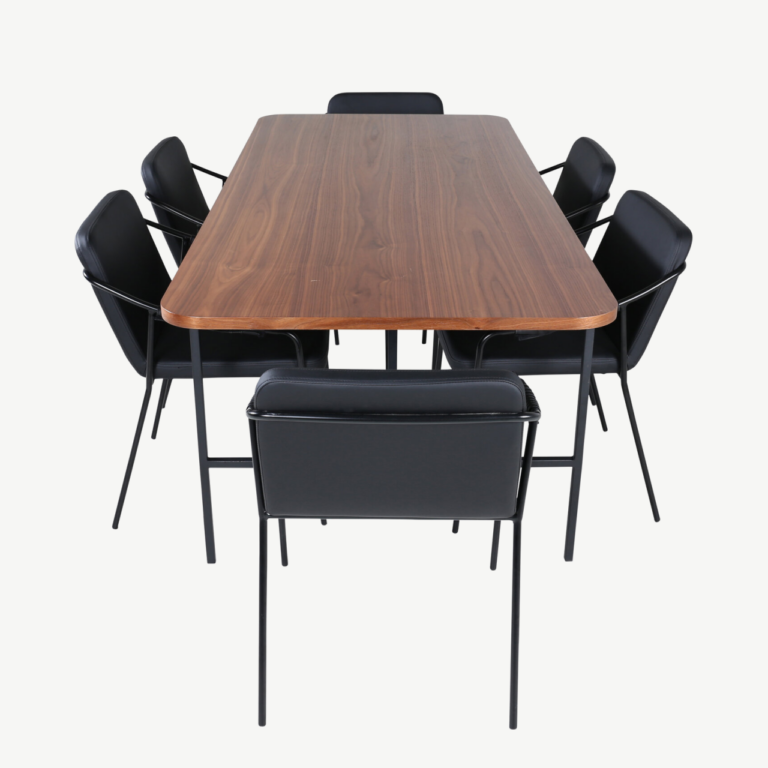 Pähklispooniga söögilaud Uno ja mustad kunstnahast toolid (6 tk) - GR22390