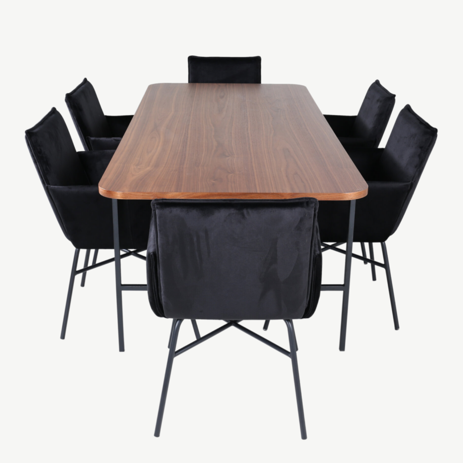 Pähklispooniga söögilaud Uno ja mustast velvetkangast Petra toolid (6 tk), metallraam, GR22389 – 2