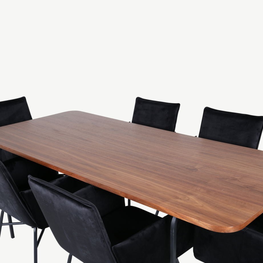 Pähklispooniga söögilaud Uno ja mustast velvetkangast Petra toolid (6 tk), metallraam, GR22389 – 3