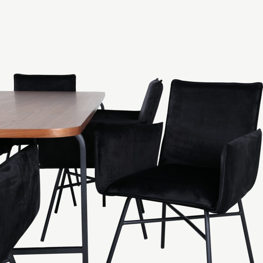 Pähklispooniga söögilaud Uno ja mustast velvetkangast Petra toolid (6 tk), metallraam, GR22389 – 4