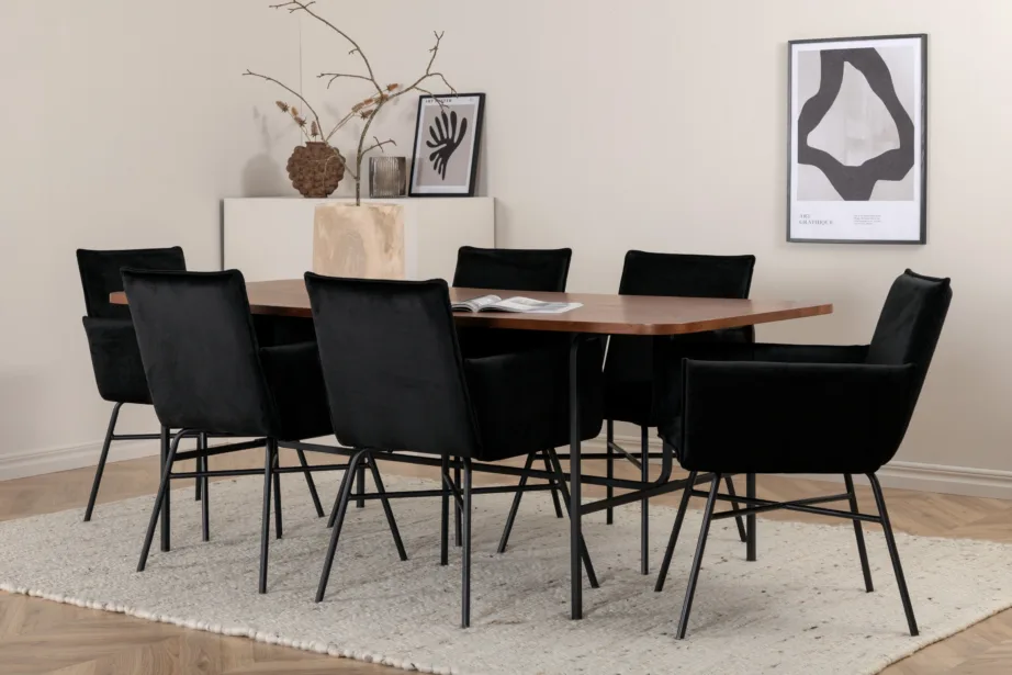 Pähklispooniga söögilaud Uno ja mustast velvetkangast Petra toolid (6 tk), metallraam, GR22389 – 6