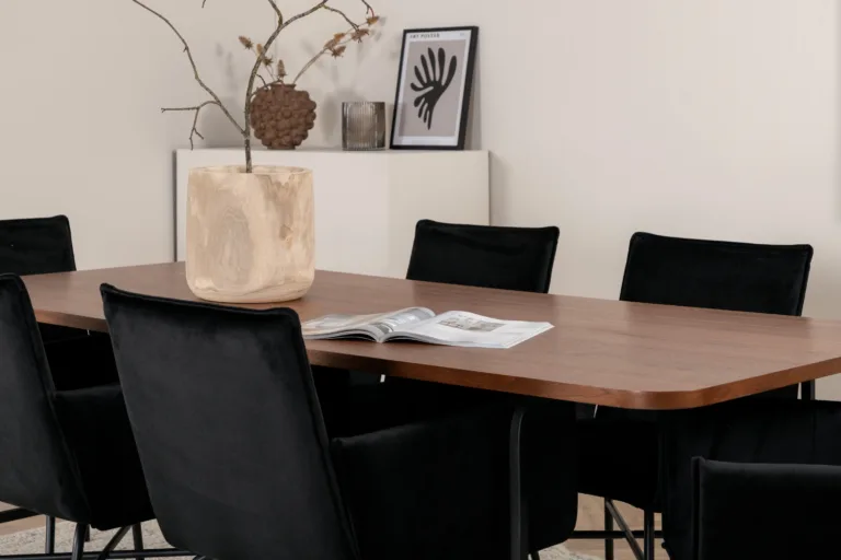 Pähklispooniga söögilaud Uno ja mustast velvetkangast Petra toolid (6 tk), metallraam - GR22389
