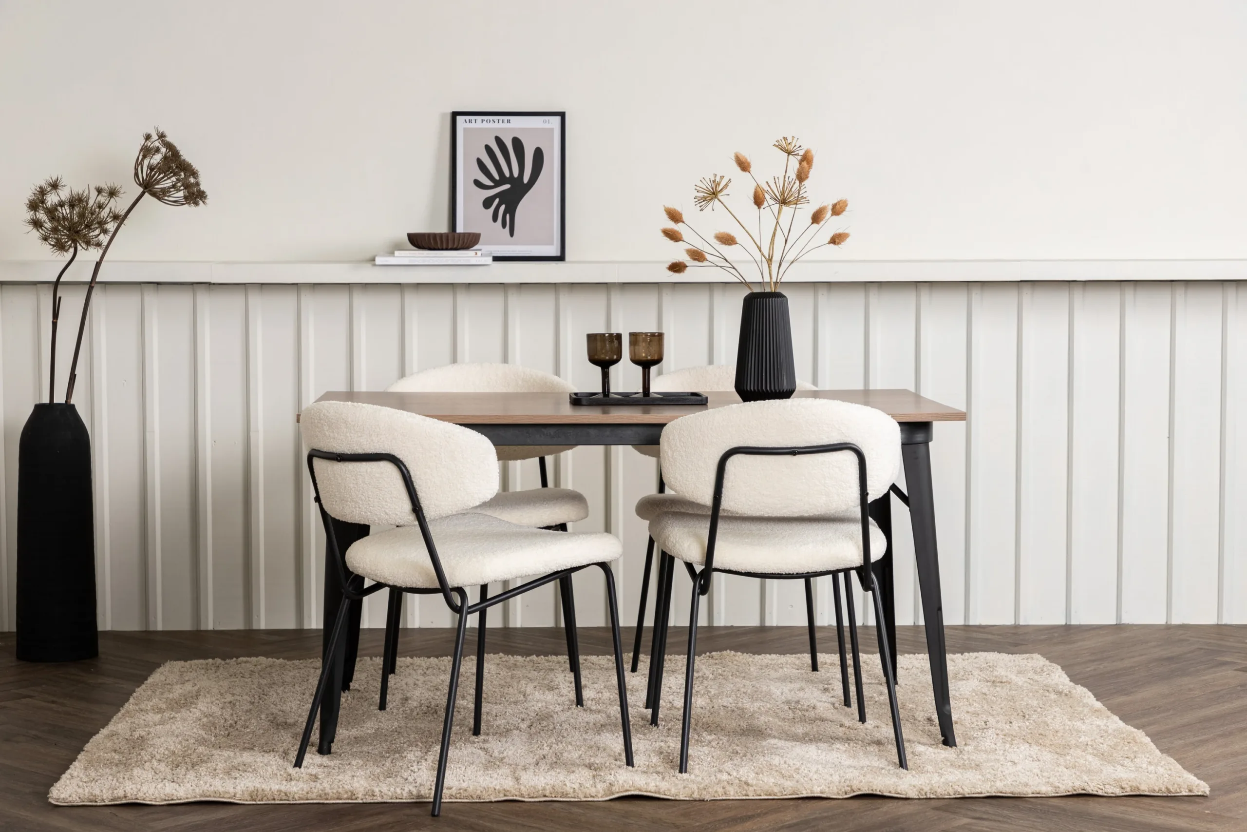 Pähklitooni MDF lauaga söögilaud Tempe ja valgete buklee toolidega Chico (4 tk) - GR22982