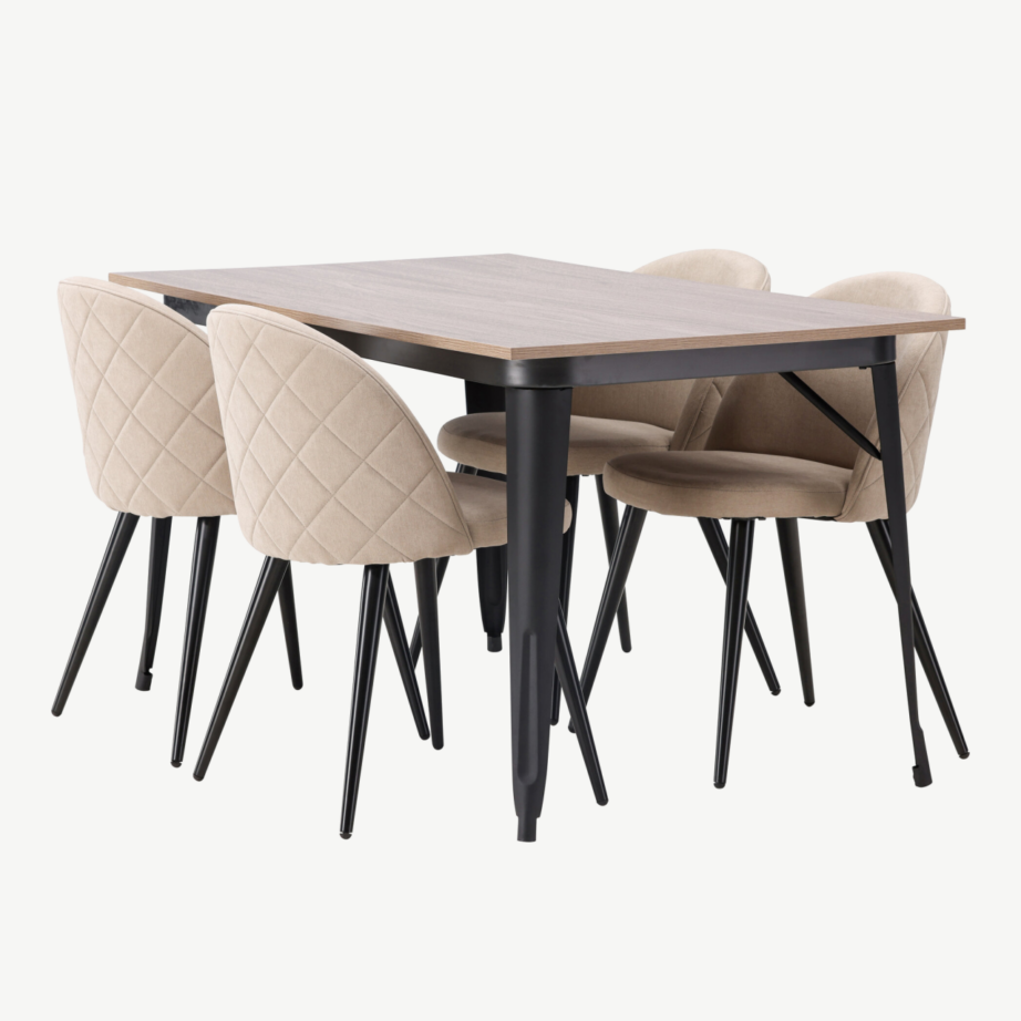 Pähklitooni söögigrupp Tempe – ristkülikukujuline laud ja polsterdatud beežid toolid, GR22923 – 6