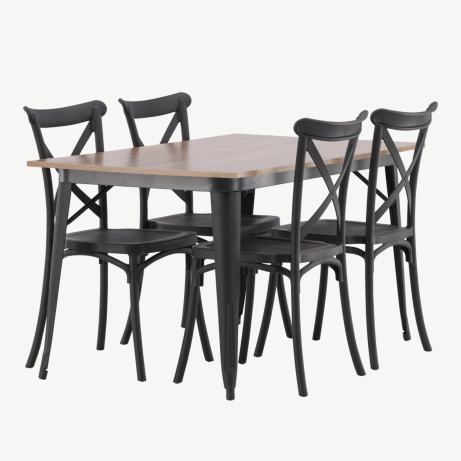 Pähkliviimistlusega ristkülikukujuline söögigrupi komplekt Tempe, 1 laud ja 4 musta Crosett tooli, GR22983 – 3