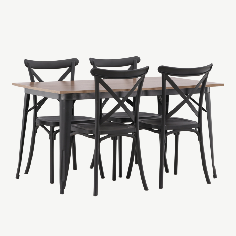 Pähkliviimistlusega ristkülikukujuline söögigrupi komplekt Tempe, 1 laud ja 4 musta Crosett tooli, GR22983 – 4