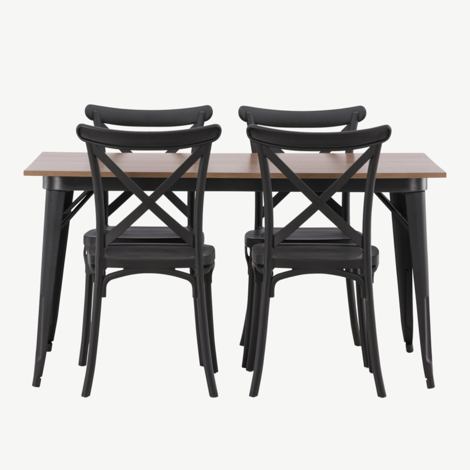 Pähkliviimistlusega ristkülikukujuline söögigrupi komplekt Tempe, 1 laud ja 4 musta Crosett tooli, GR22983 – 5