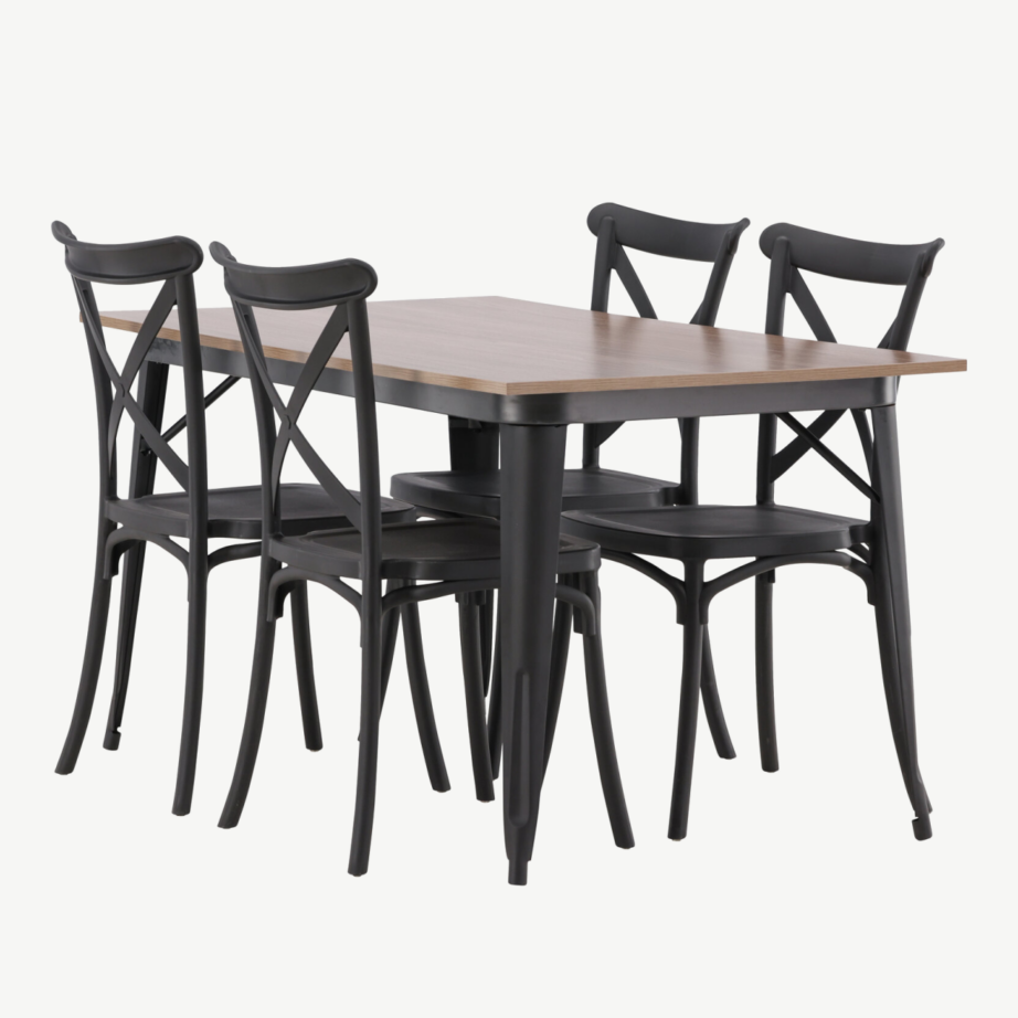 Pähkliviimistlusega ristkülikukujuline söögigrupi komplekt Tempe, 1 laud ja 4 musta Crosett tooli, GR22983 – 6