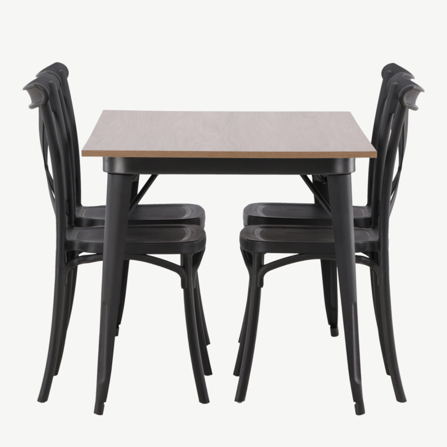 Pähkliviimistlusega ristkülikukujuline söögigrupi komplekt Tempe, 1 laud ja 4 musta Crosett tooli, GR22983 – 7