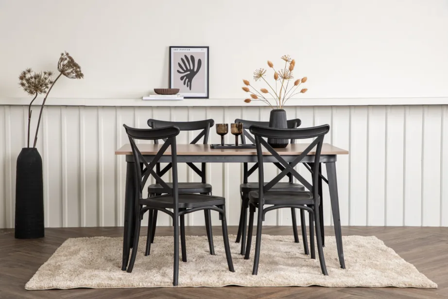 Pähkliviimistlusega ristkülikukujuline söögigrupi komplekt Tempe, 1 laud ja 4 musta Crosett tooli, GR22983 – 8