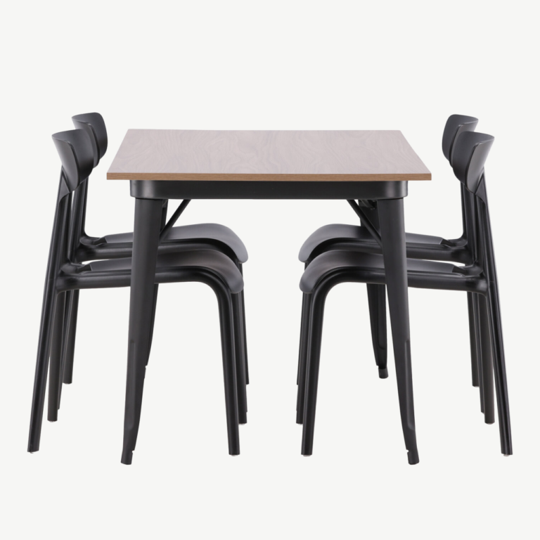 Pähkliviimistlusega söögilaud Tempe ja mustad plastiktoolid Ursholmen (4 tooli) - GR22993