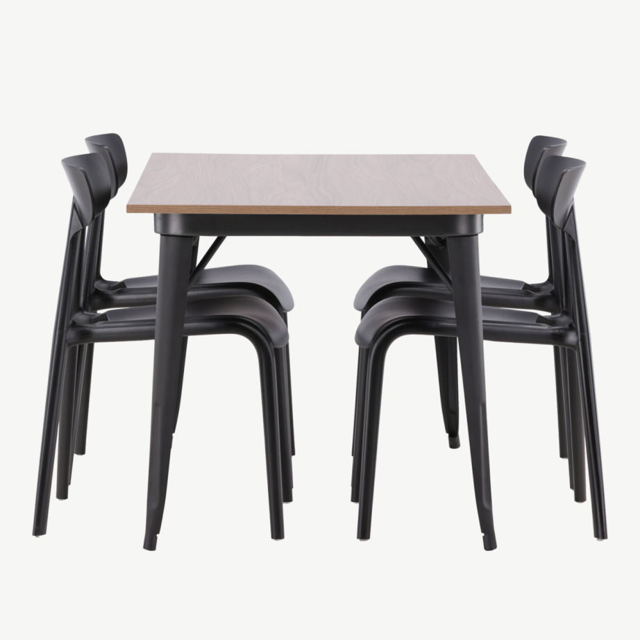 Pähkliviimistlusega söögilaud Tempe ja mustad plastiktoolid Ursholmen (4 tooli), GR22993 – 2