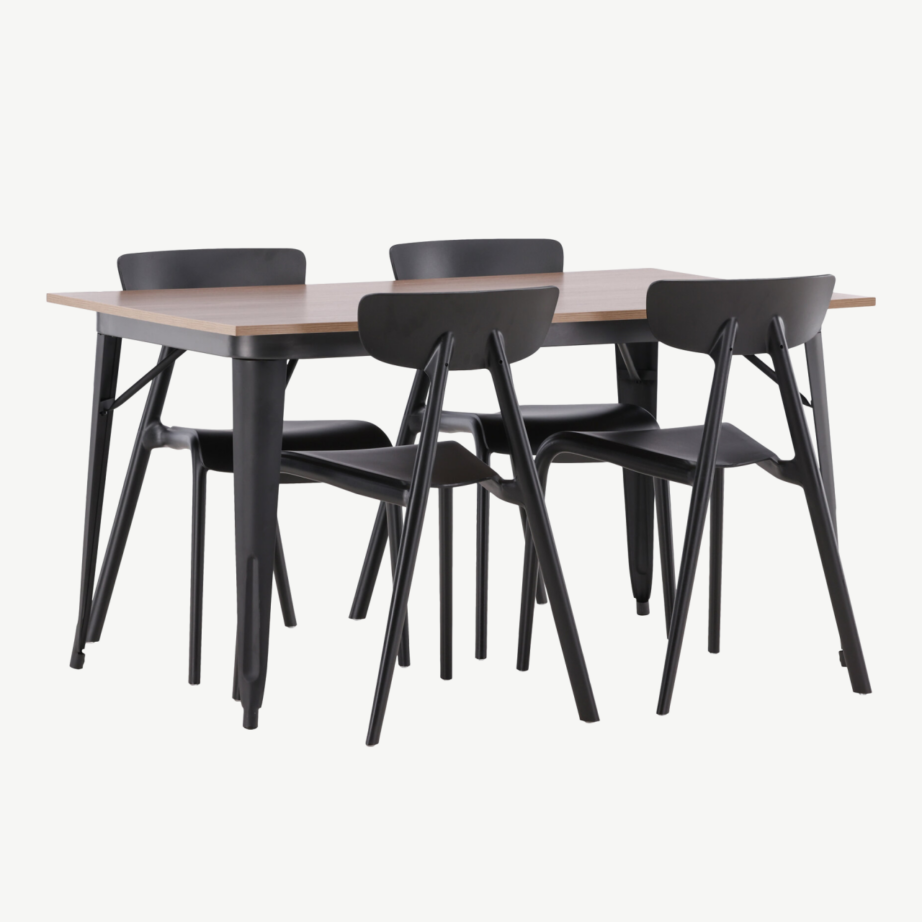 Pähkliviimistlusega söögilaud Tempe ja mustad plastiktoolid Ursholmen (4 tooli), GR22993 – 4