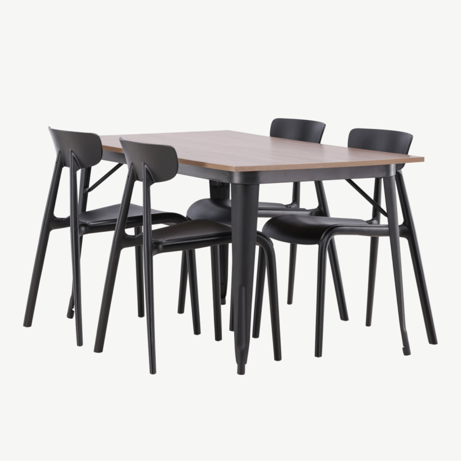 Pähkliviimistlusega söögilaud Tempe ja mustad plastiktoolid Ursholmen (4 tooli), GR22993 – 6