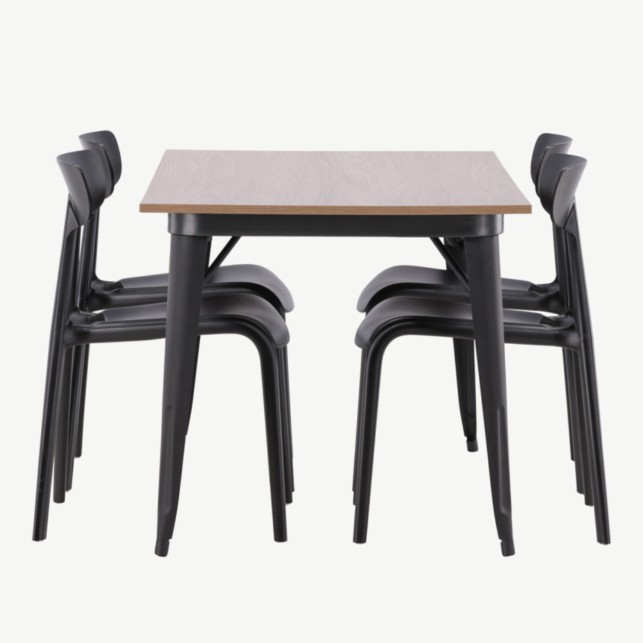 Pähkliviimistlusega söögilaud Tempe ja mustad plastiktoolid Ursholmen (4 tooli), GR22993 – 7