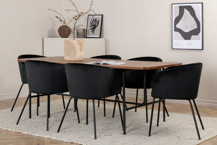 Pähklivineeriga söögilaud Uno ja musta sametiga Berit tool, GR22394 – 6