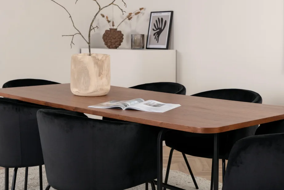 Pähklivineeriga söögilaud Uno ja musta sametiga Berit tool, GR22394 – 9