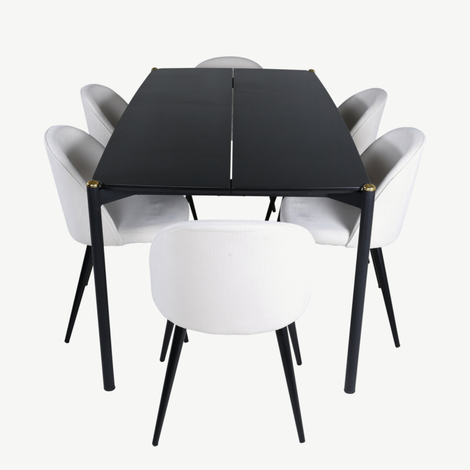 Pelle ristkülikukujuline söögikomplekt (must laud, 6 kreemikat tooli manchester-kangaga), GR22324 – 2