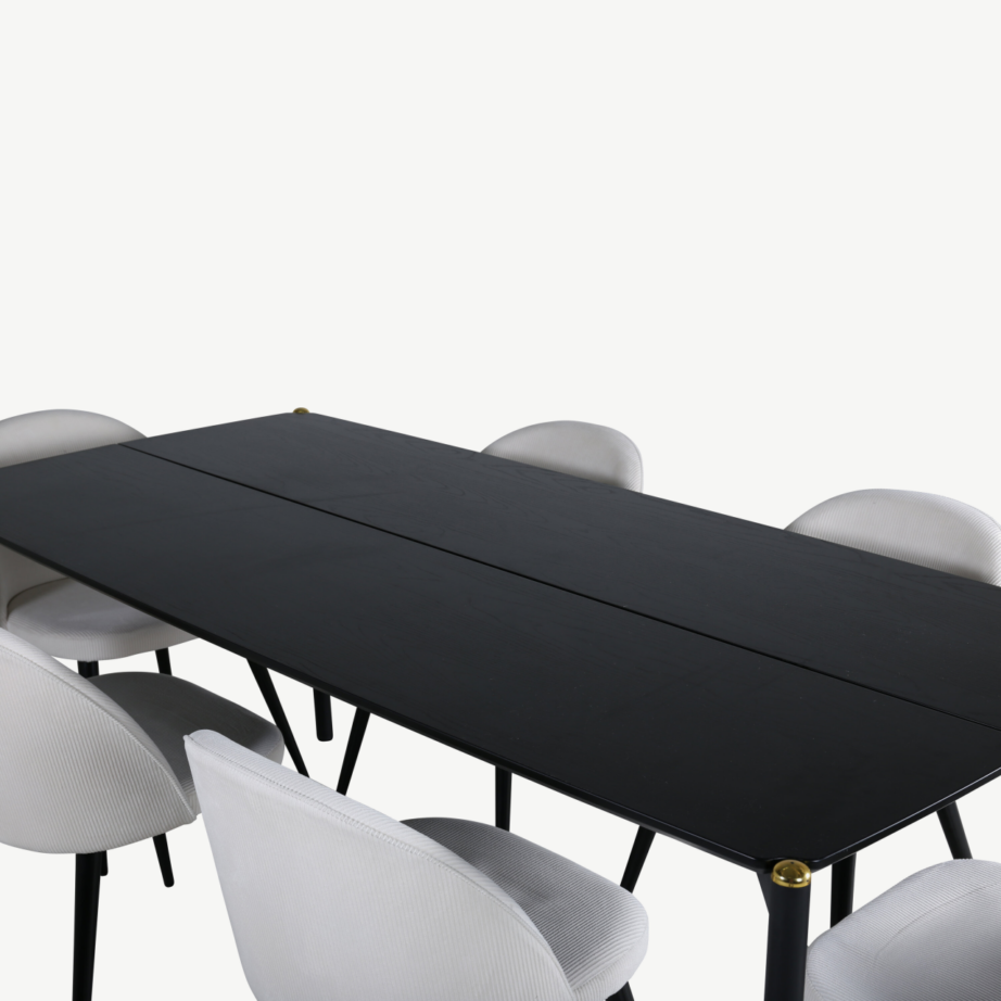 Pelle ristkülikukujuline söögikomplekt (must laud, 6 kreemikat tooli manchester-kangaga), GR22324 – 3