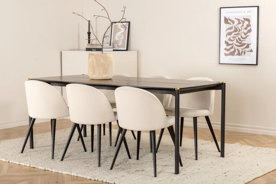 Pelle ristkülikukujuline söögikomplekt (must laud, 6 kreemikat tooli manchester-kangaga), GR22324 – 6