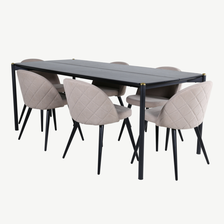 Pelle ristkülikukujuline söögilaua ja kuue tooliga komplekt (must MDF, beež polster) - GR22320