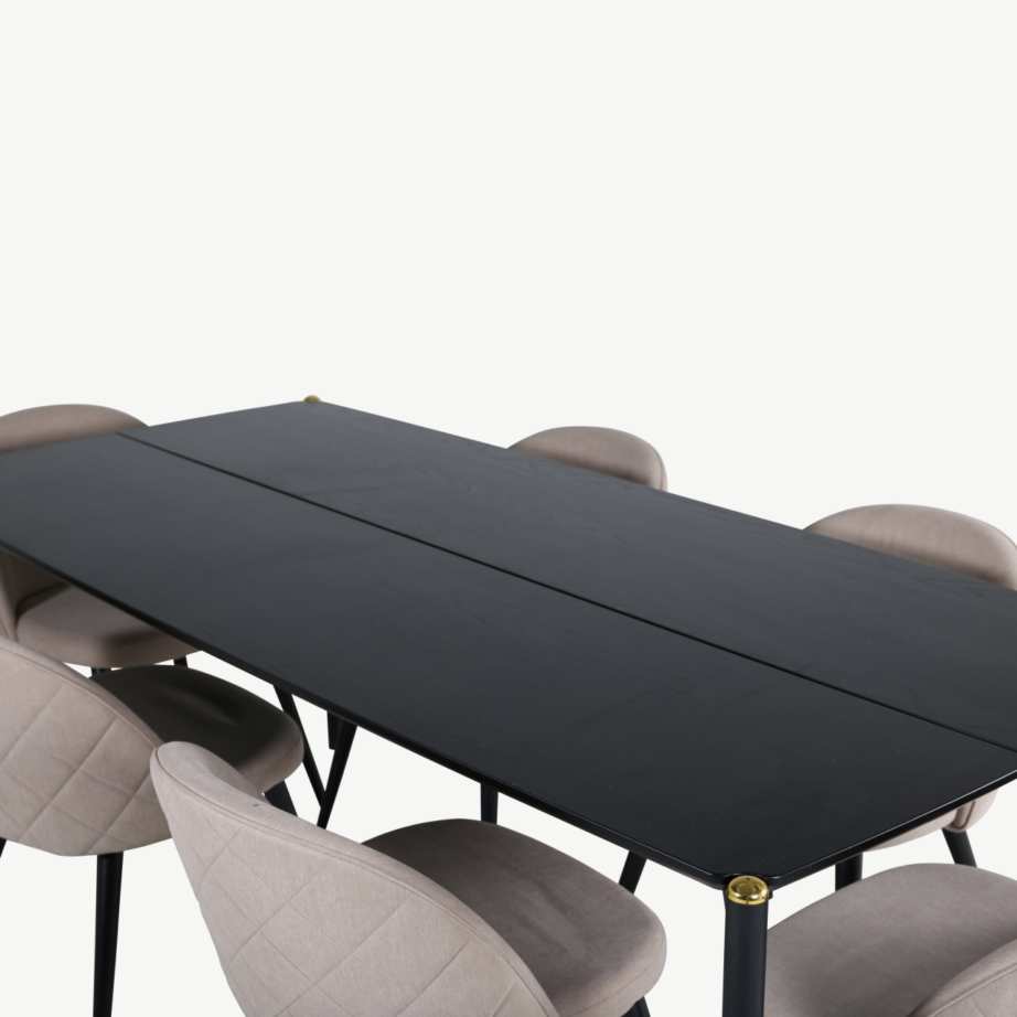 Pelle ristkülikukujuline söögilaua ja kuue tooliga komplekt (must MDF, beež polster), GR22320 – 2