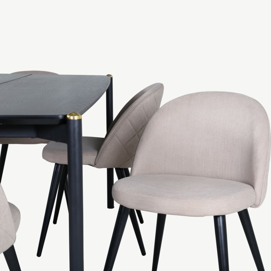 Pelle ristkülikukujuline söögilaua ja kuue tooliga komplekt (must MDF, beež polster), GR22320 – 3