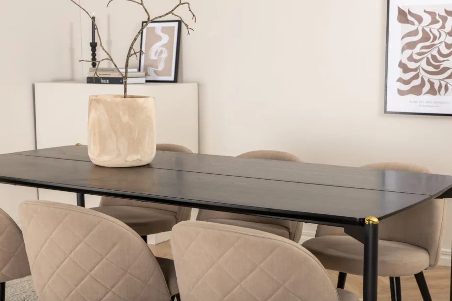 Pelle ristkülikukujuline söögilaua ja kuue tooliga komplekt (must MDF, beež polster), GR22320 – 6