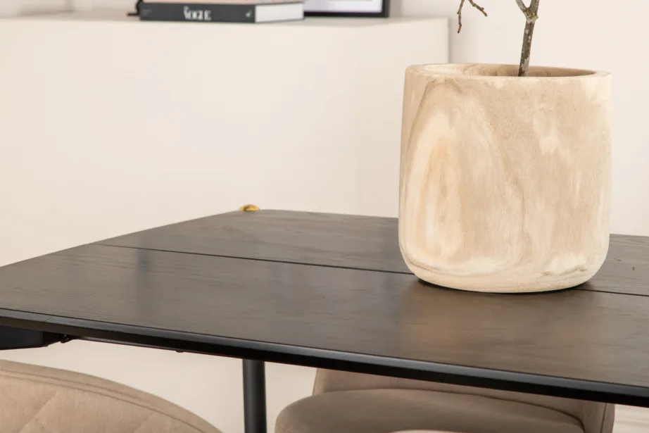 Pelle ristkülikukujuline söögilaua ja kuue tooliga komplekt (must MDF, beež polster), GR22320 – 7