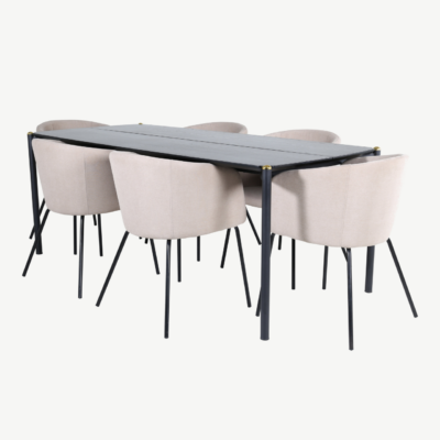Pelle söögilauakomplekt, must laud ja beežid toolid (6 tk) - GR22318