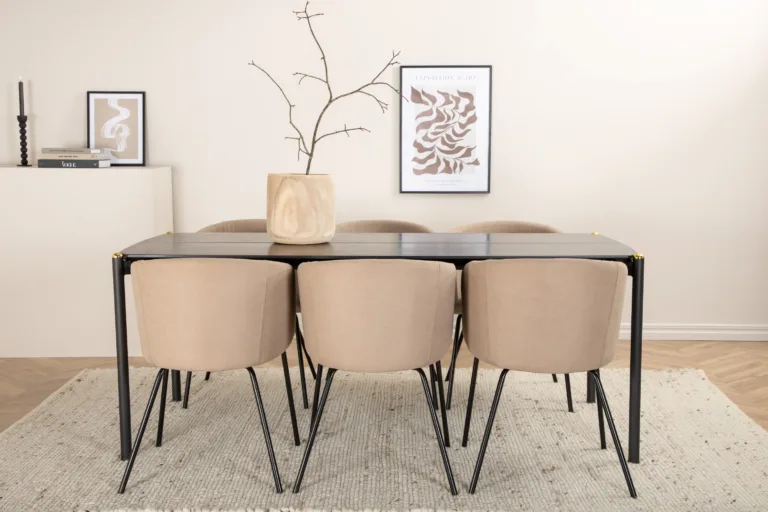 Pelle söögilauakomplekt, must laud ja beežid toolid (6 tk) - GR22318