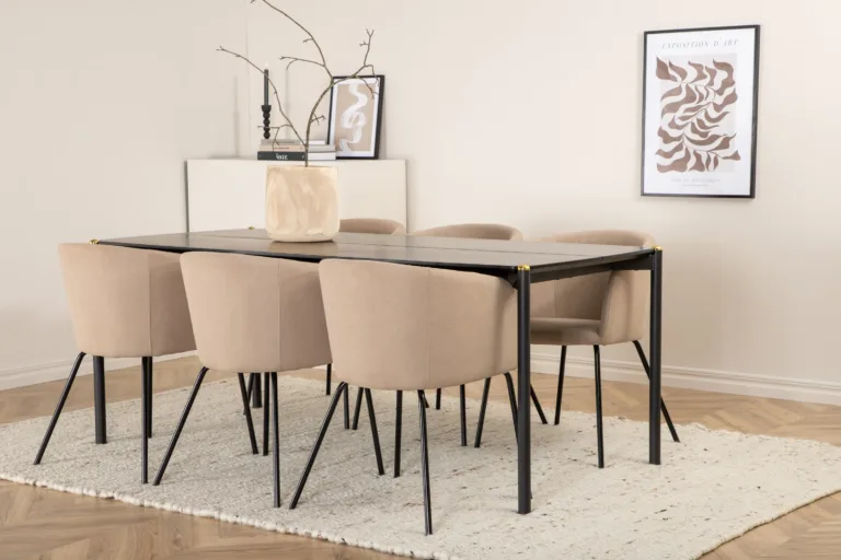 Pelle söögilauakomplekt, must laud ja beežid toolid (6 tk) - GR22318