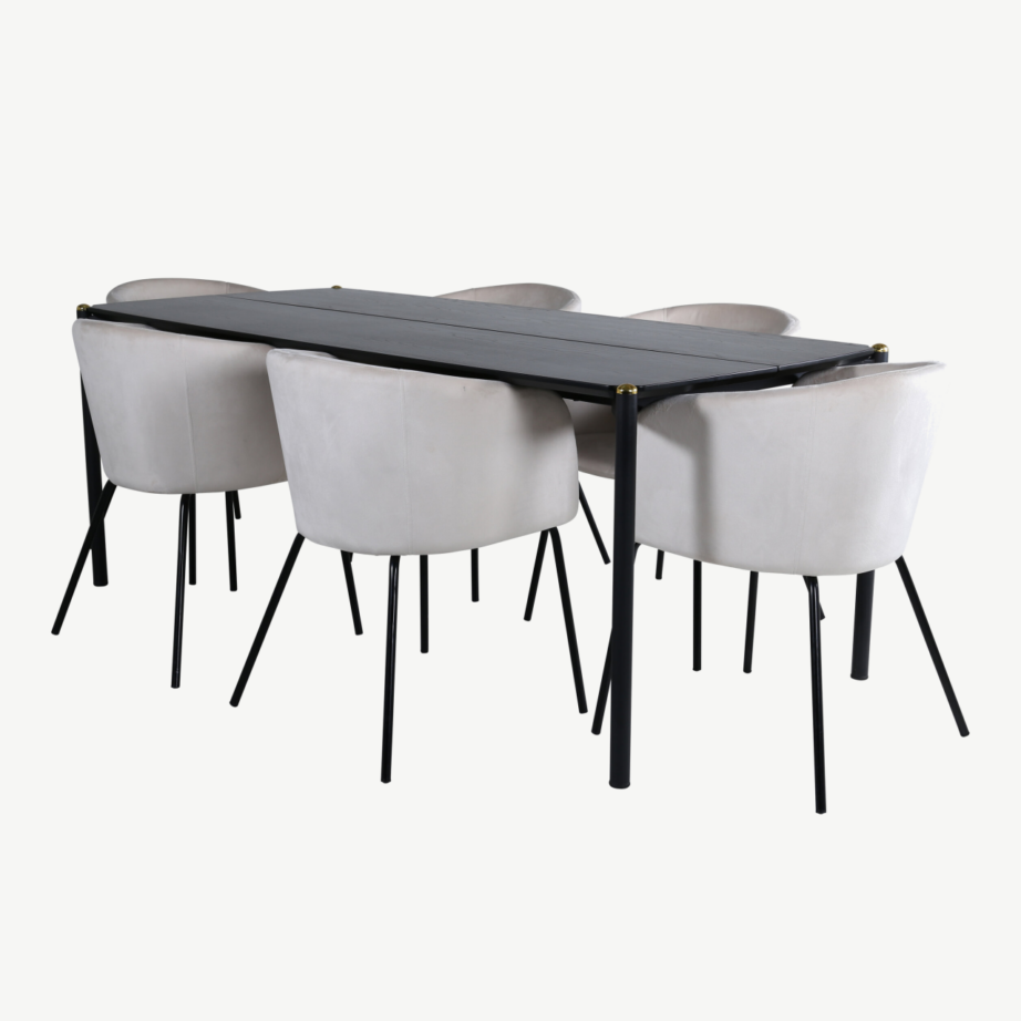 Pelle söögilaud 6 beeži sametist tooliga, must spoon, põhjamaine stiil, GR22319