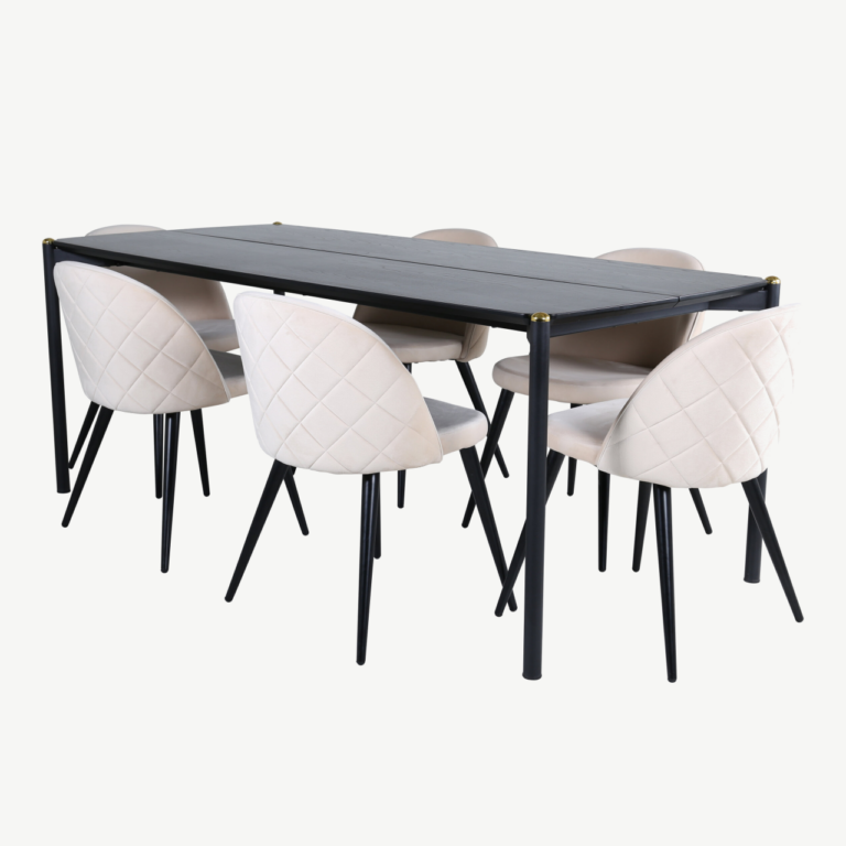 Pelle söögitoakomplekt (must MDF laud, 6 beeži sametist tooli) - GR22322