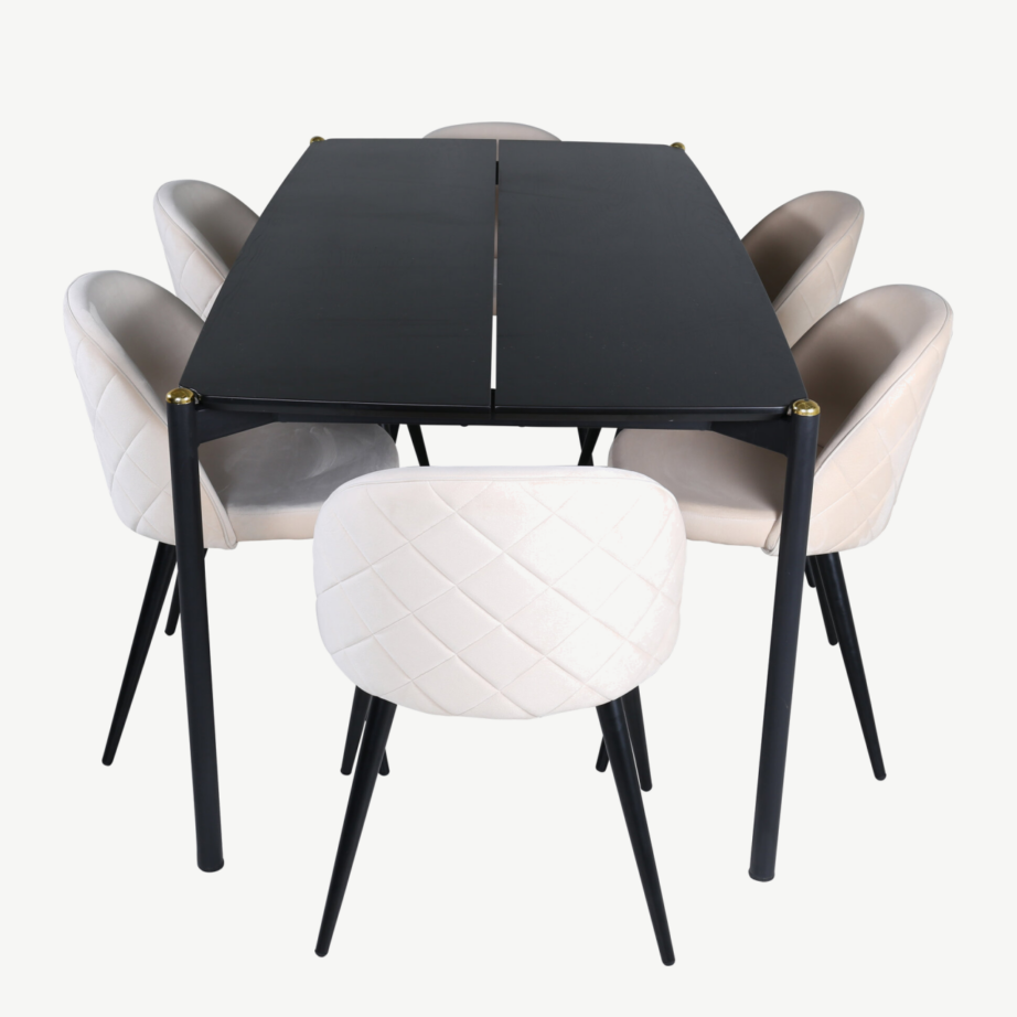 Pelle söögitoakomplekt (must MDF laud, 6 beeži sametist tooli), GR22322 – 2