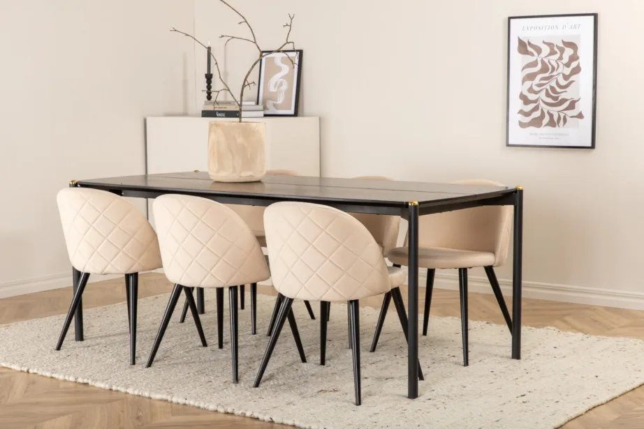 Pelle söögitoakomplekt (must MDF laud, 6 beeži sametist tooli), GR22322 – 6