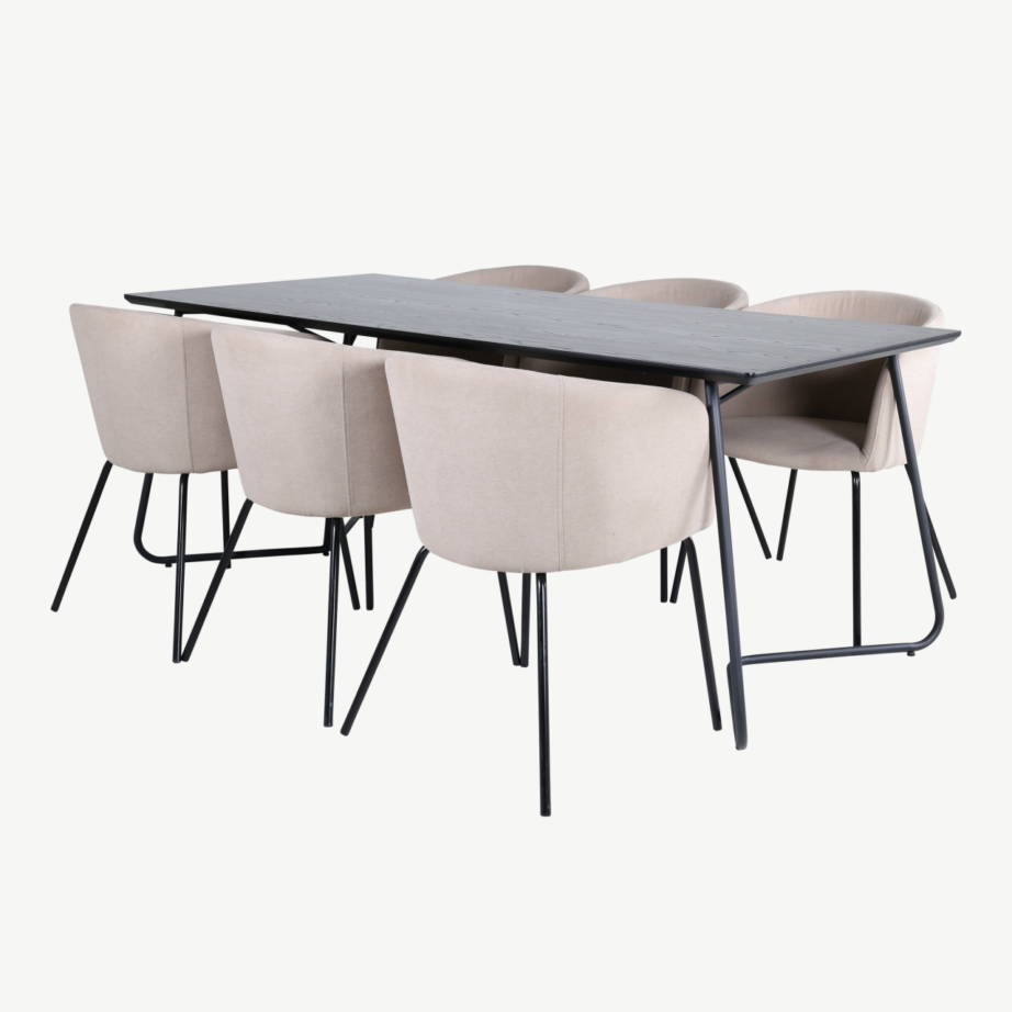 Petra põhjamaine söögilauakomplekt, must laud ja 6 beeži kangaga tooli, GR22328