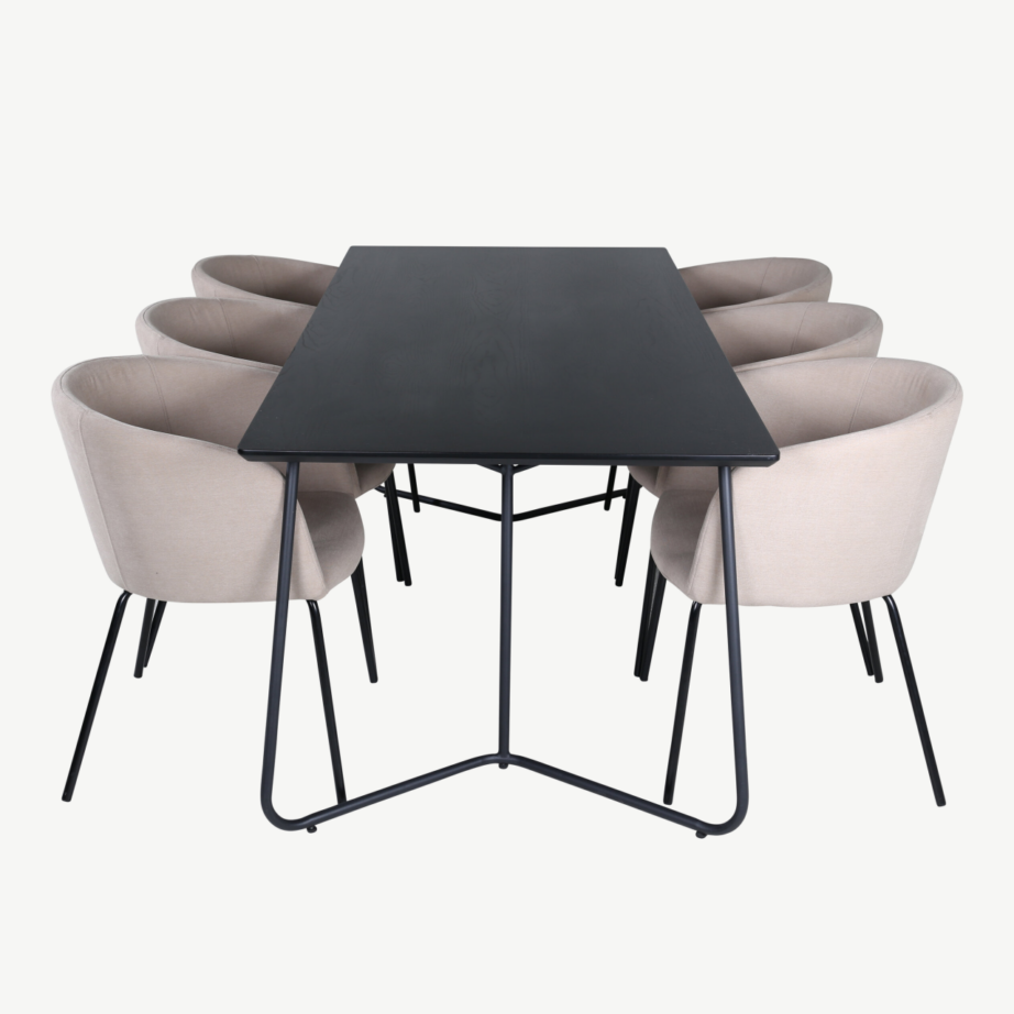 Petra põhjamaine söögilauakomplekt, must laud ja 6 beeži kangaga tooli, GR22328 – 2