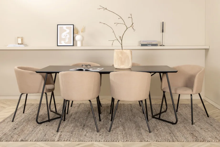 Petra põhjamaine söögilauakomplekt, must laud ja 6 beeži kangaga tooli, GR22328 – 5