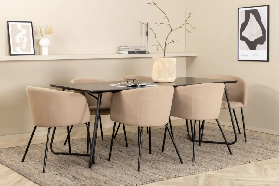 Petra põhjamaine söögilauakomplekt, must laud ja 6 beeži kangaga tooli, GR22328 – 6