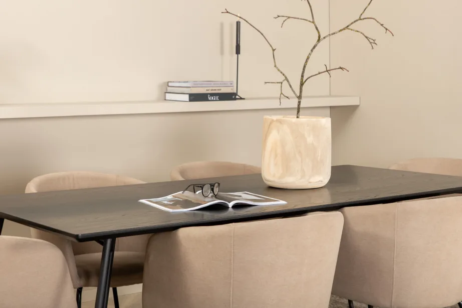 Petra põhjamaine söögilauakomplekt, must laud ja 6 beeži kangaga tooli, GR22328 – 7