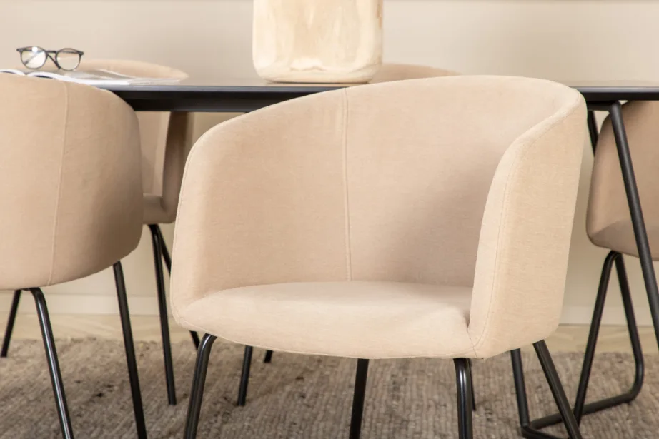 Petra põhjamaine söögilauakomplekt, must laud ja 6 beeži kangaga tooli, GR22328 – 9