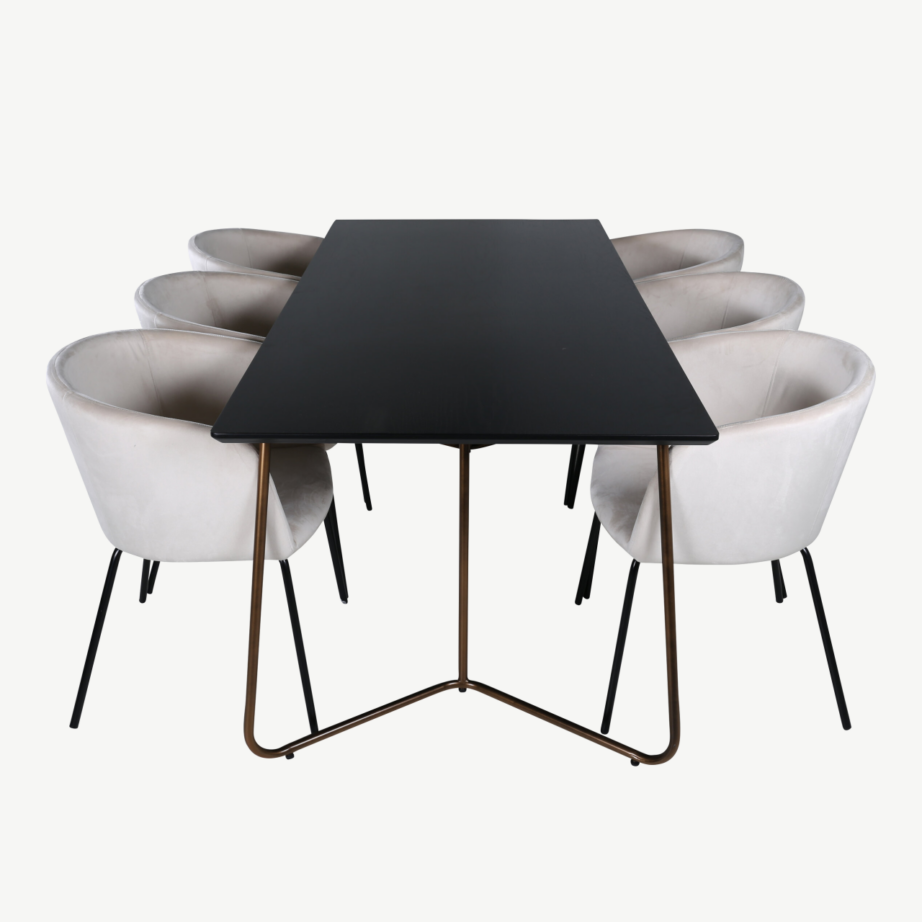 Petra söögikomplekt: must ristkülikukujuline laud ja 6 beeži sametist tooli, GR22342 – 2