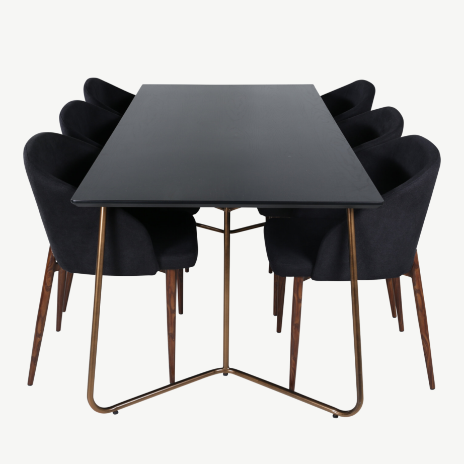 Petra söögitoakomplekt – must MDF laud ja 6 musta polüestrist tooli, vasksete jalgadega, GR22346 – 2
