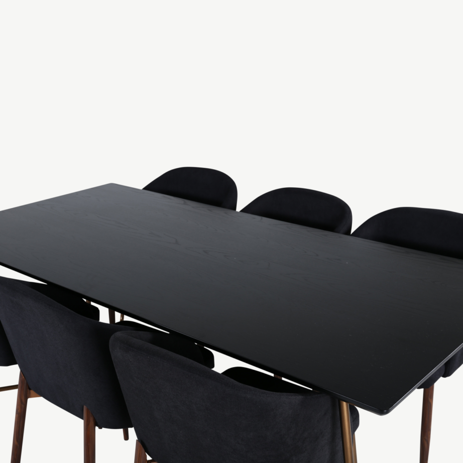 Petra söögitoakomplekt – must MDF laud ja 6 musta polüestrist tooli, vasksete jalgadega, GR22346 – 3