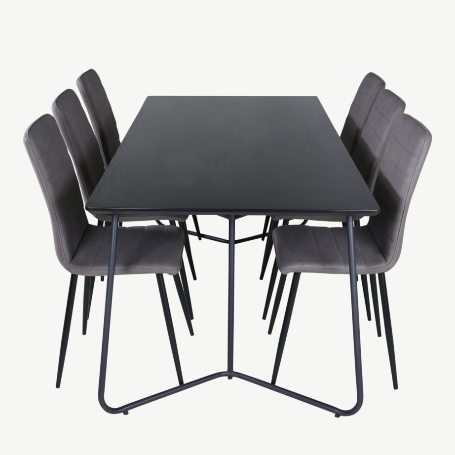 Petra söögitoakomplekt musta ristkülikukujulise lauaga ja 6 halli mikrofiibrist Windu tooliga, GR22326 – 2